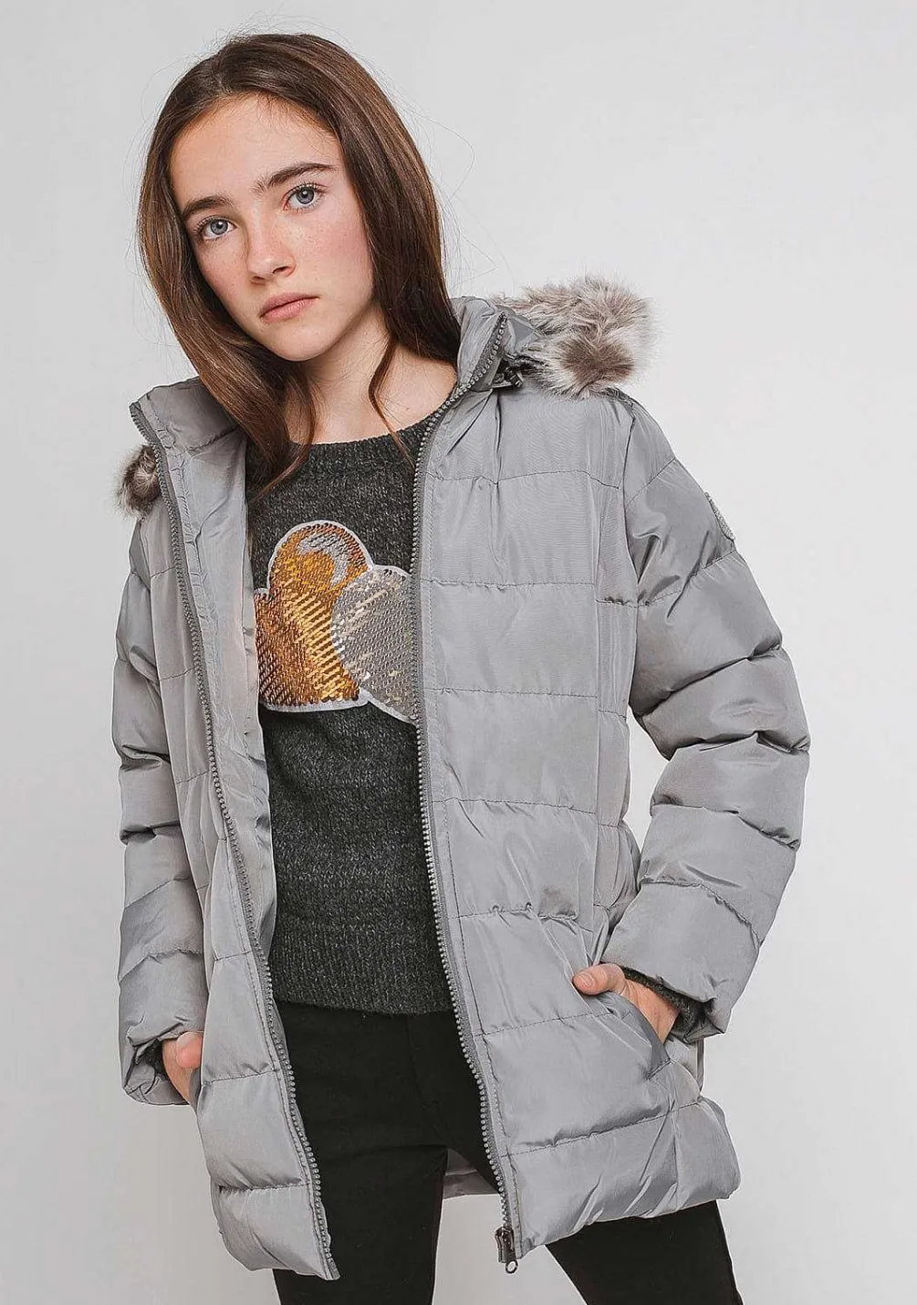 Jaquetas-Conguitos Anoraque De Pelo Cinzento Para Menina