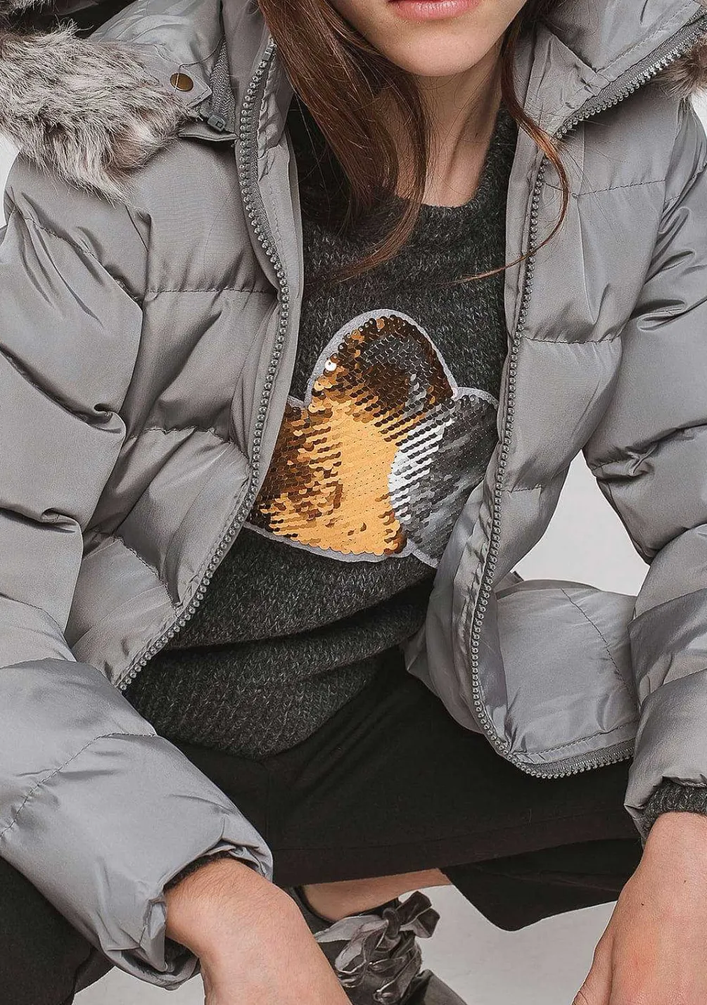 Jaquetas-Conguitos Anoraque De Pelo Cinzento Para Menina