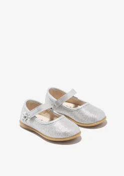 Sapatos De Cerimónia-Conguitos Bailarinas Com Glitter Flor Prateada Para Bebé
