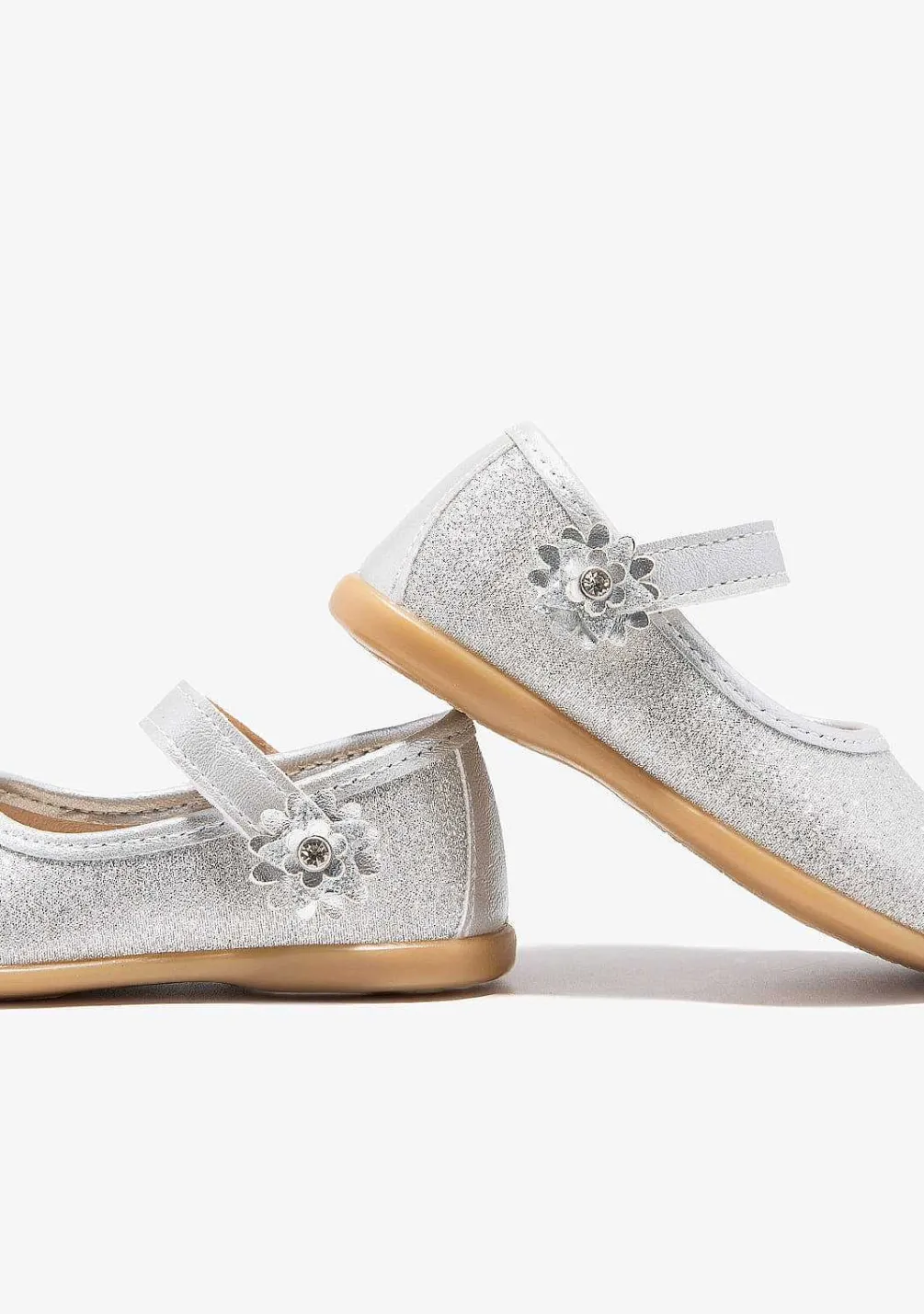 Sapatos De Cerimónia-Conguitos Bailarinas Com Glitter Flor Prateada Para Bebé