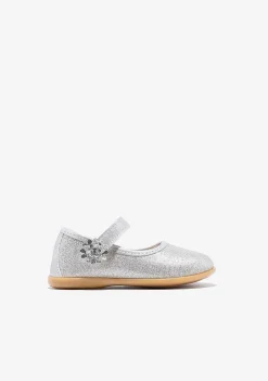 Sapatos De Cerimónia-Conguitos Bailarinas Com Glitter Flor Prateada Para Bebé