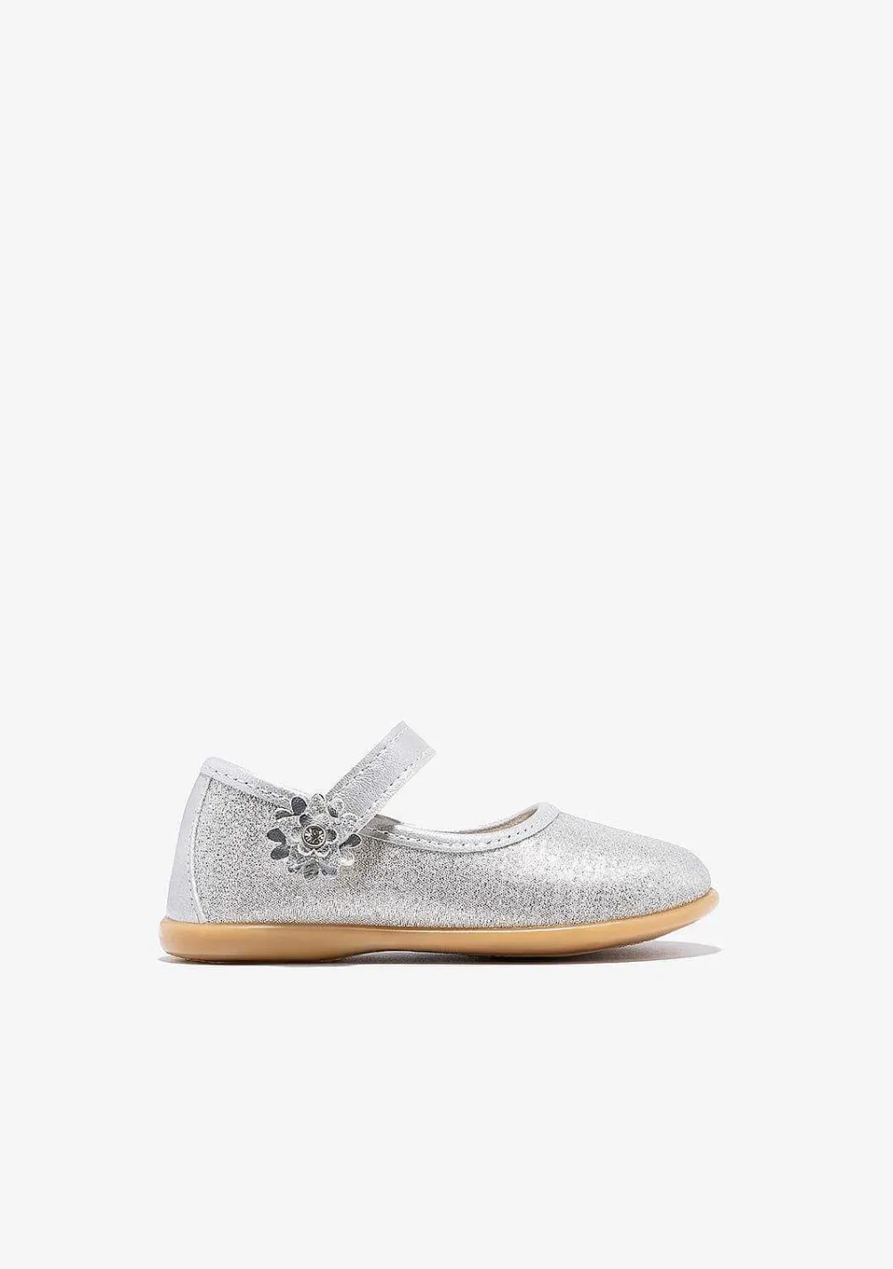 Sapatos De Cerimónia-Conguitos Bailarinas Com Glitter Flor Prateada Para Bebé