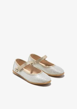 Sapatos De Menina-Conguitos Bailarinas Com Glitter Flor Dourada