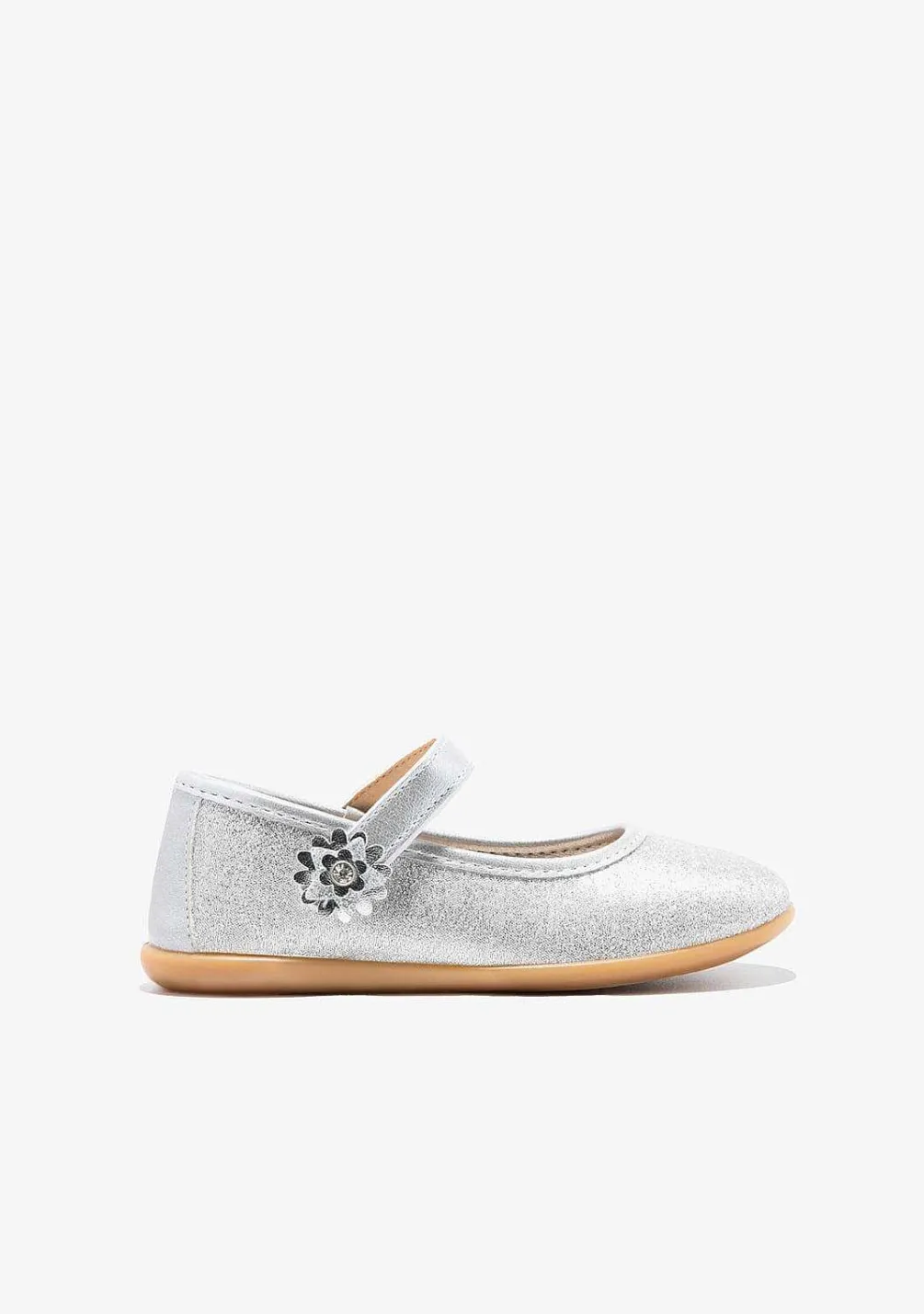 Sapatos De Cerimónia-Conguitos Bailarinas Com Glitter Flor Prateada