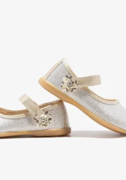 Sapatos De Cerimónia-Conguitos Bailarinas Com Glitter Flor Dourada Para Bebé