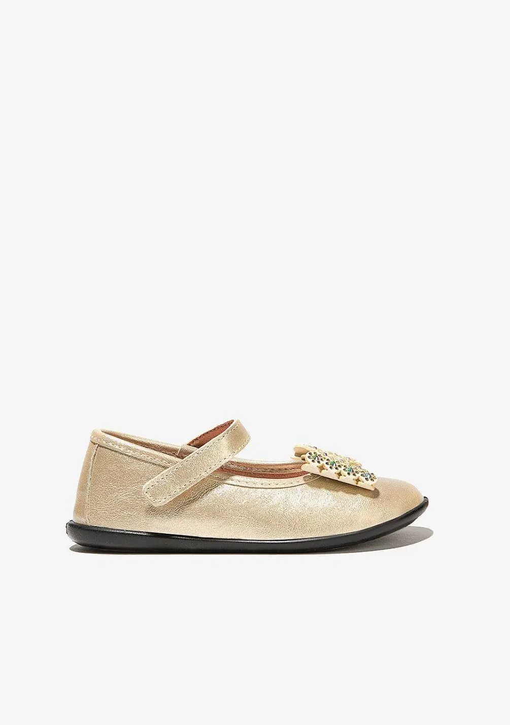 Sapatos De Cerimónia-Conguitos Bailarinas Com Laco Dourado Para Menina