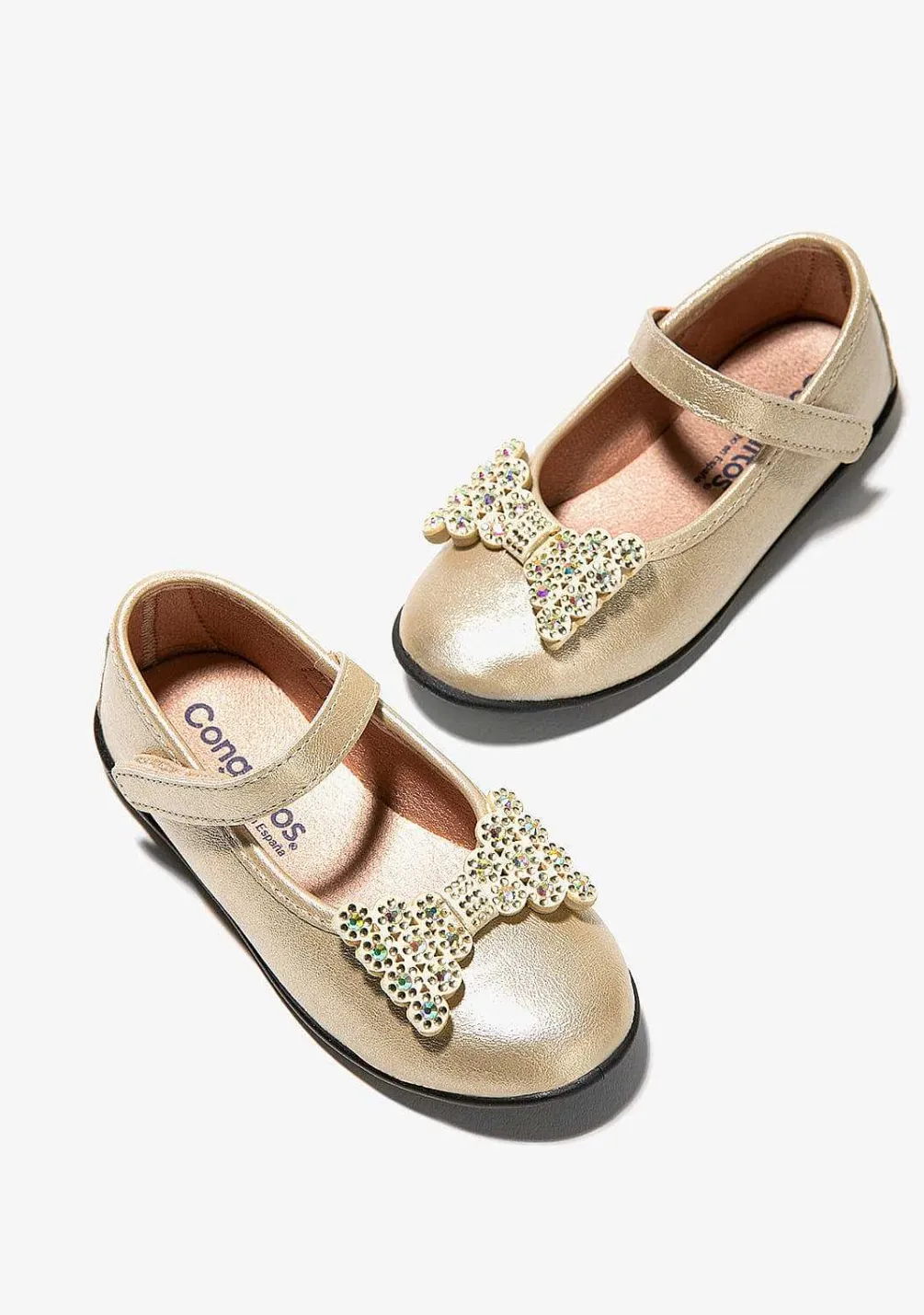 Sapatos De Cerimónia-Conguitos Bailarinas Com Laco Dourado Para Menina