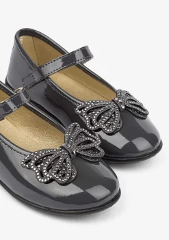 Sapatos Rasos-Conguitos Bailarinas Femininas Envernizadas Cinza Com Strass Em Arco
