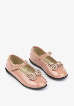 Sapatos Rasos-Conguitos Bailarinas Femininas Rosa Envernizadas Com Strass Em Arco