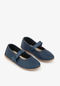 Sapatos Rasos-Conguitos Bailarinas Florais De Couro Azul Lavavel Para Menina