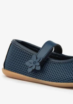 Sapatos Rasos-Conguitos Bailarinas Florais De Couro Azul Lavavel Para Menina