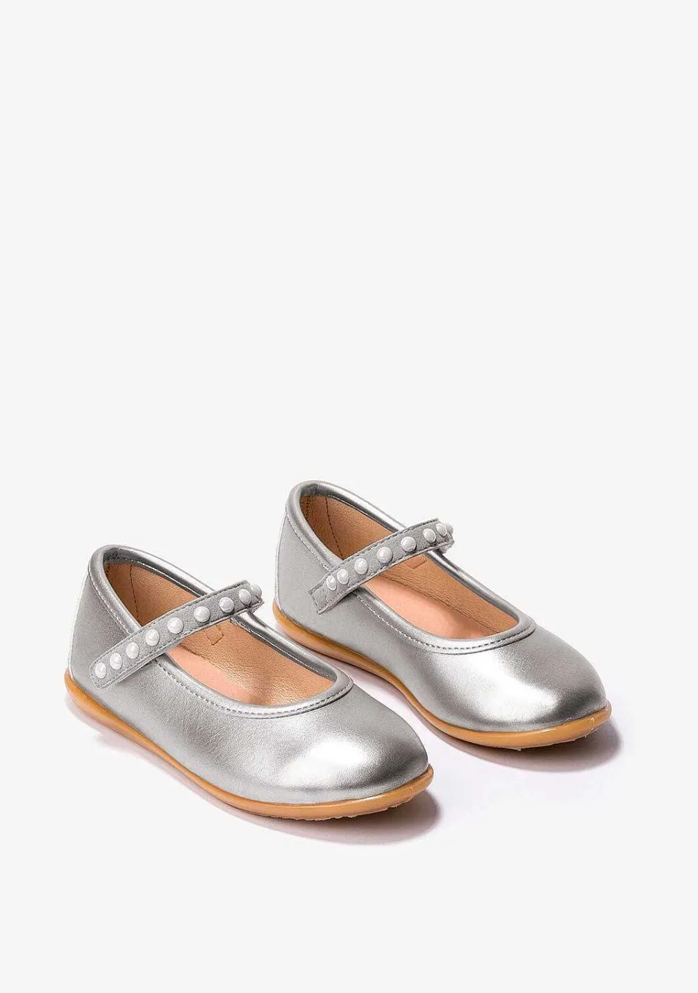Sapatos De Cerimónia-Conguitos Bailarinas Perolas Em Prata De Menina Metalizadas
