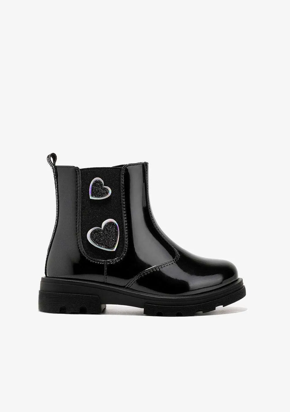Botas-Conguitos Botas Femininas Com Coracoes Pretos Em Couro Envernizado