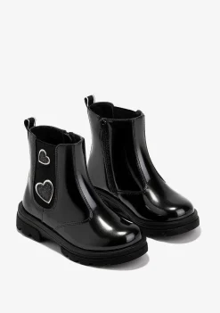 Botas-Conguitos Botas Femininas Com Coracoes Pretos Em Couro Envernizado