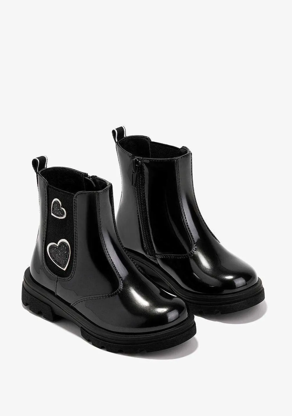 Botas-Conguitos Botas Femininas Com Coracoes Pretos Em Couro Envernizado
