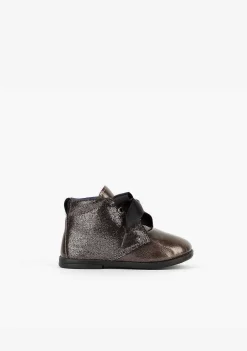 Botas-Conguitos Botins De Couro Envernizado De Titanio Para Bebé