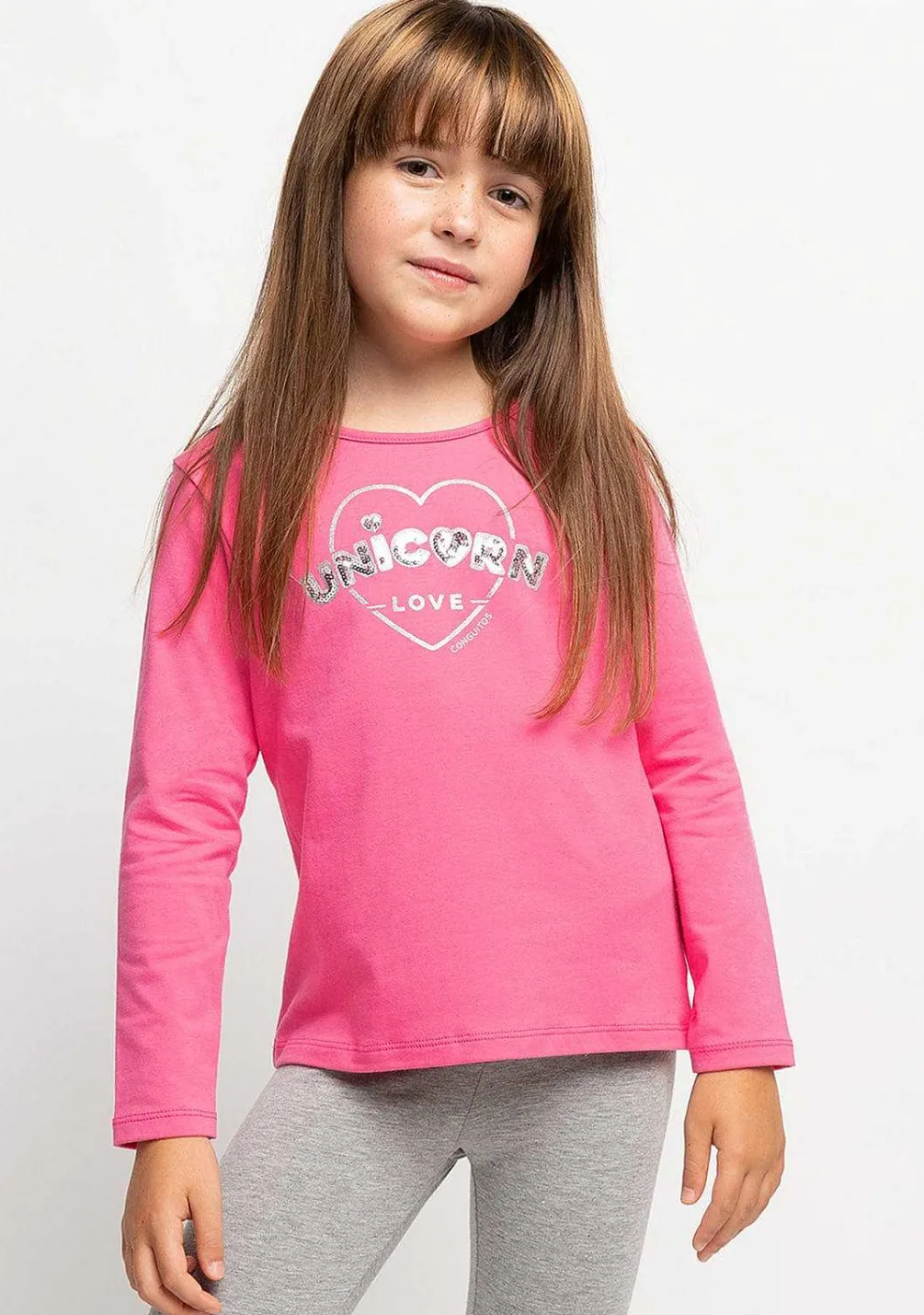 Camisetas De Manga Comprida-Conguitos Camisa Feminina Unicornio Love Fucsia