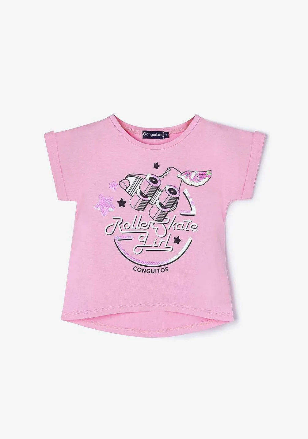 Camisetas-Conguitos Camiseta Feminina Com Lantejoulas E Rolo Rosa