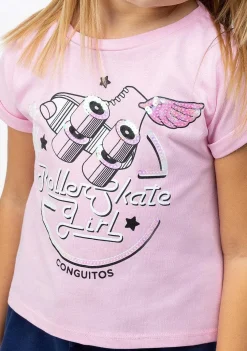 Camisetas-Conguitos Camiseta Feminina Com Lantejoulas E Rolo Rosa