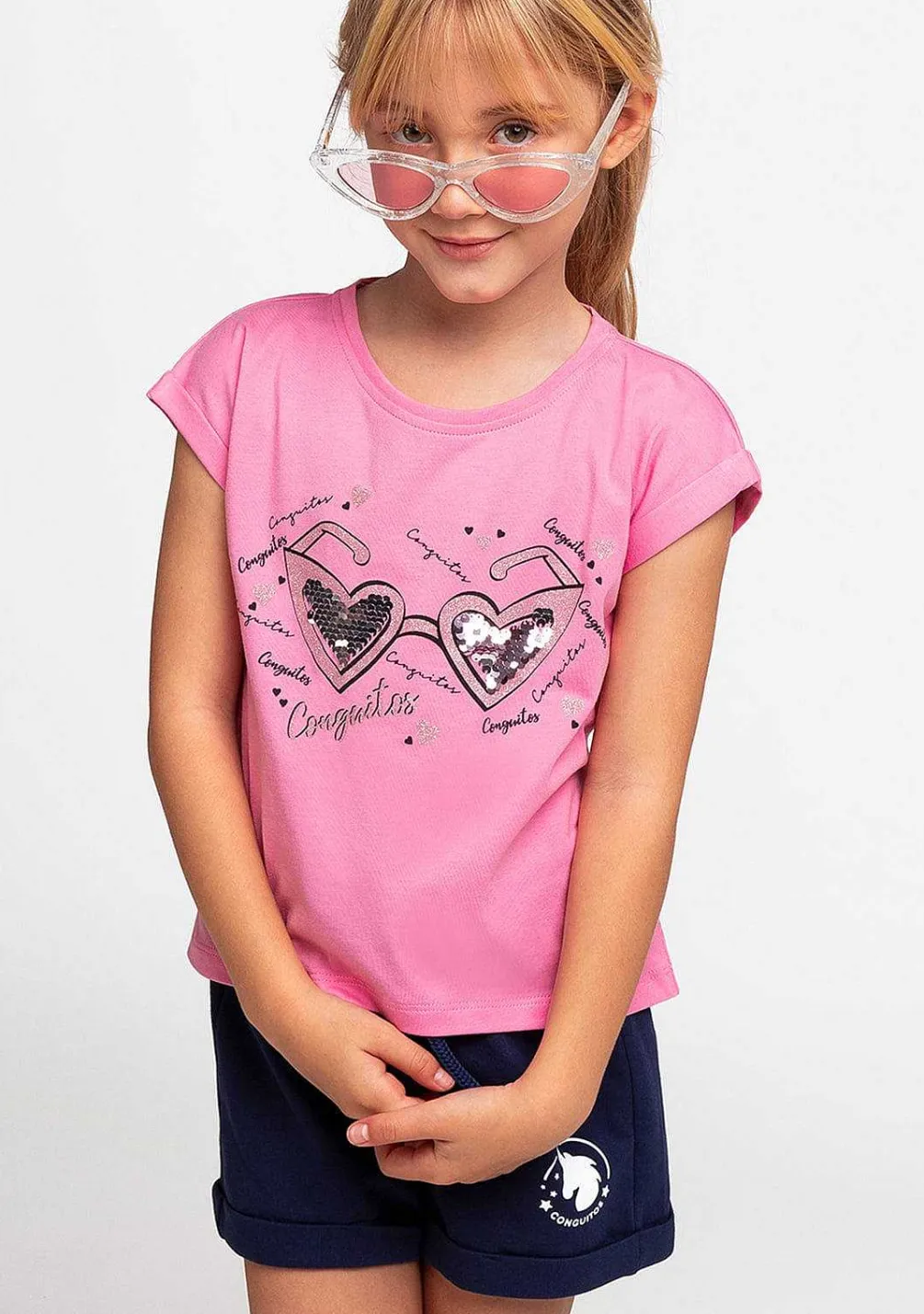 Camisetas-Conguitos Camiseta Feminina Oculos-Coracao Rosa