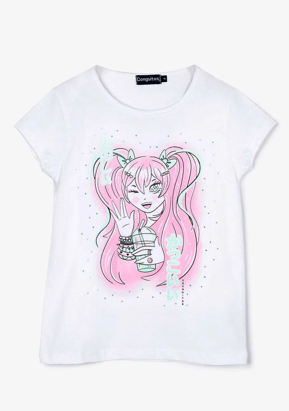 Camisetas-Conguitos Camiseta Manga Estampada Branca Para Menina