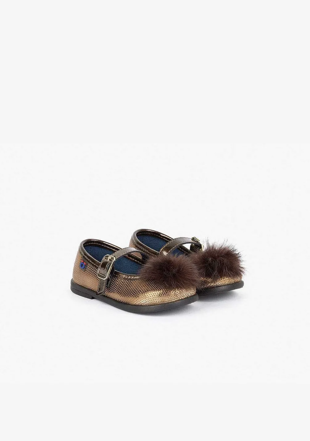 Sapatos Rasos-Conguitos Fantasia Mary Janes Bronze Para Bebé Com Pompom