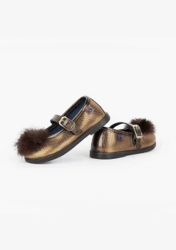 Sapatos Rasos-Conguitos Fantasia Mary Janes Bronze Para Bebé Com Pompom