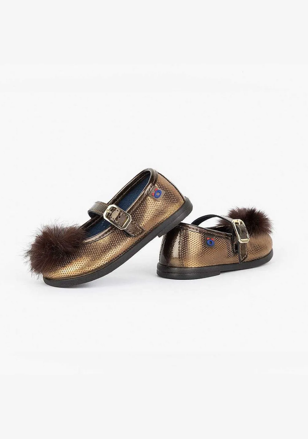 Sapatos Rasos-Conguitos Fantasia Mary Janes Bronze Para Bebé Com Pompom