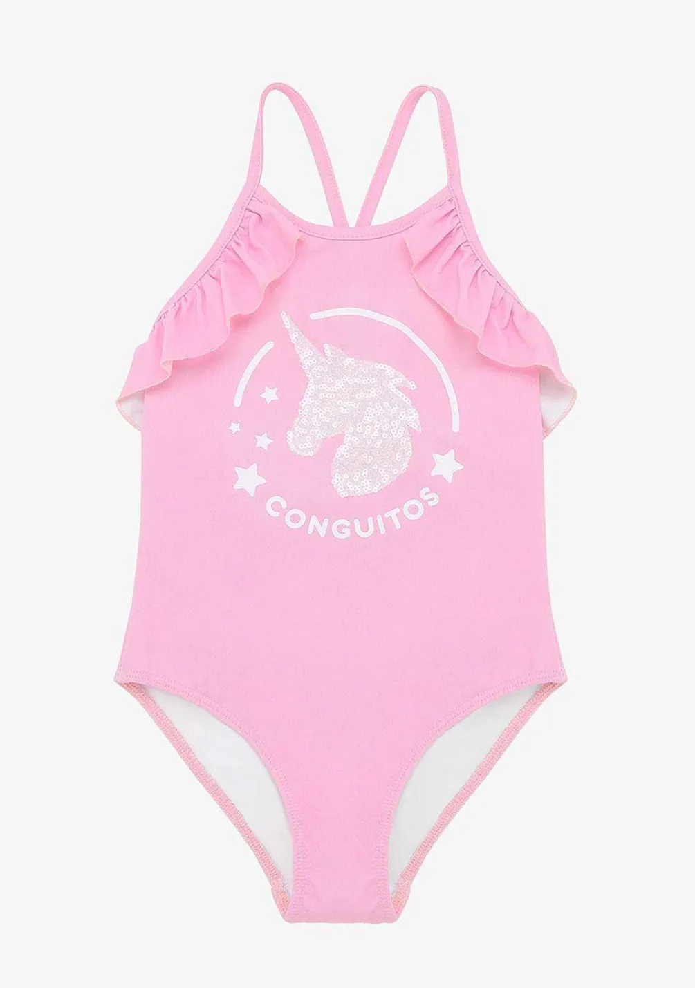 Roupas De Menina-Conguitos Fato De Banho Rosa De Menina Com Folhos