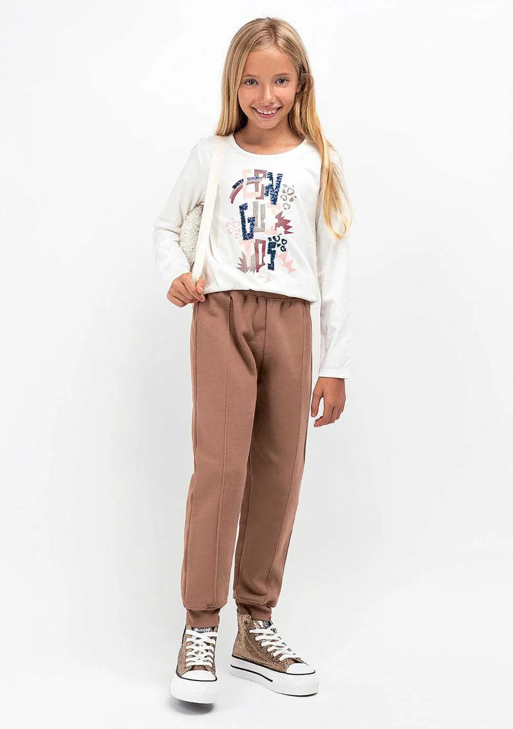 Roupas De Menina-Conguitos Joggers Basicos Castanhos De Menina
