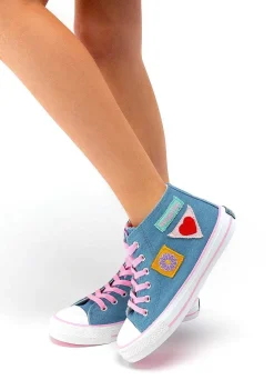 Tênis Casuais-Conguitos Lona De Tênis De Cano Alto Com Remendos Jeans Femininos