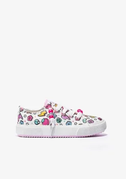 Tênis Casuais-Conguitos Lona De Tênis Feminino Branco Com Estampa Multicolorida