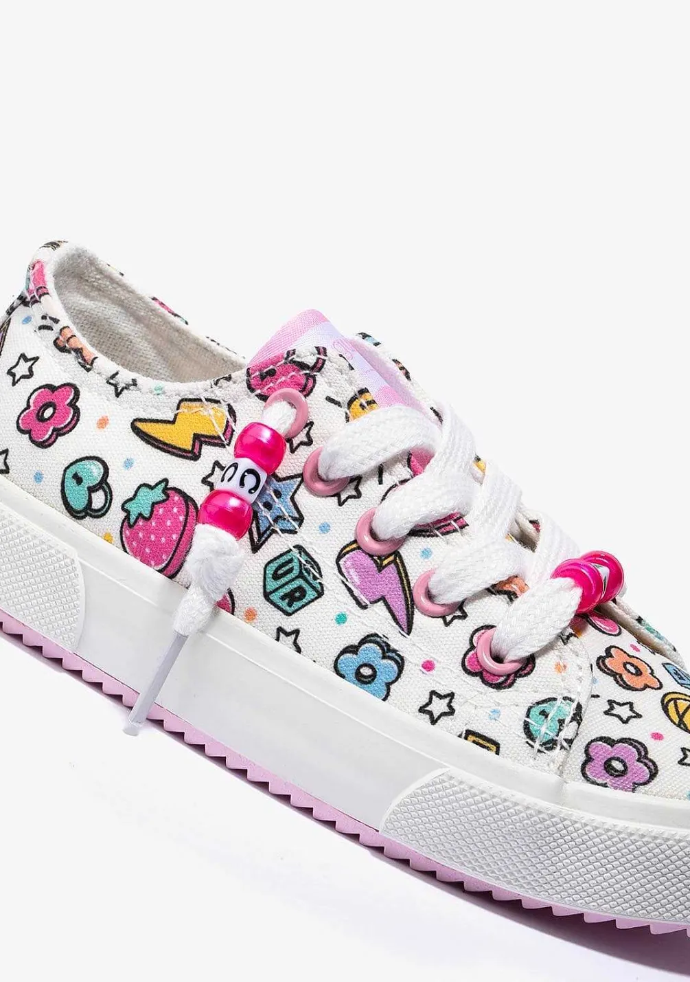 Tênis Casuais-Conguitos Lona De Tênis Feminino Branco Com Estampa Multicolorida