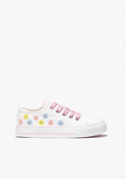 Sapatos De Menina-Conguitos Lona De Tênis Feminino Com Flores Brancas