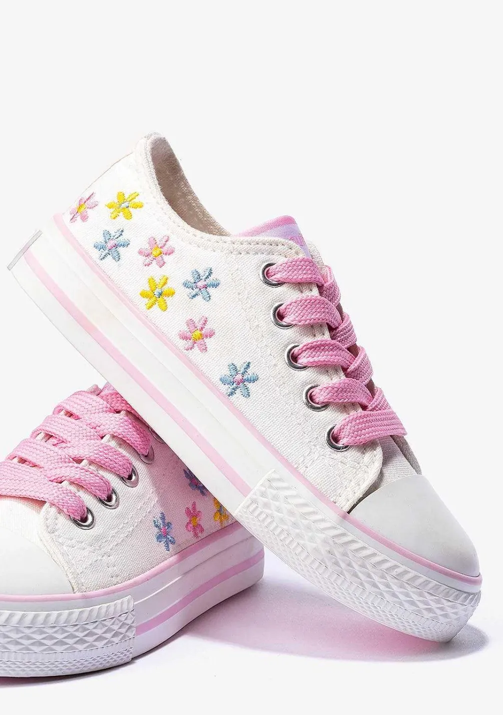 Sapatos De Menina-Conguitos Lona De Tênis Feminino Com Flores Brancas