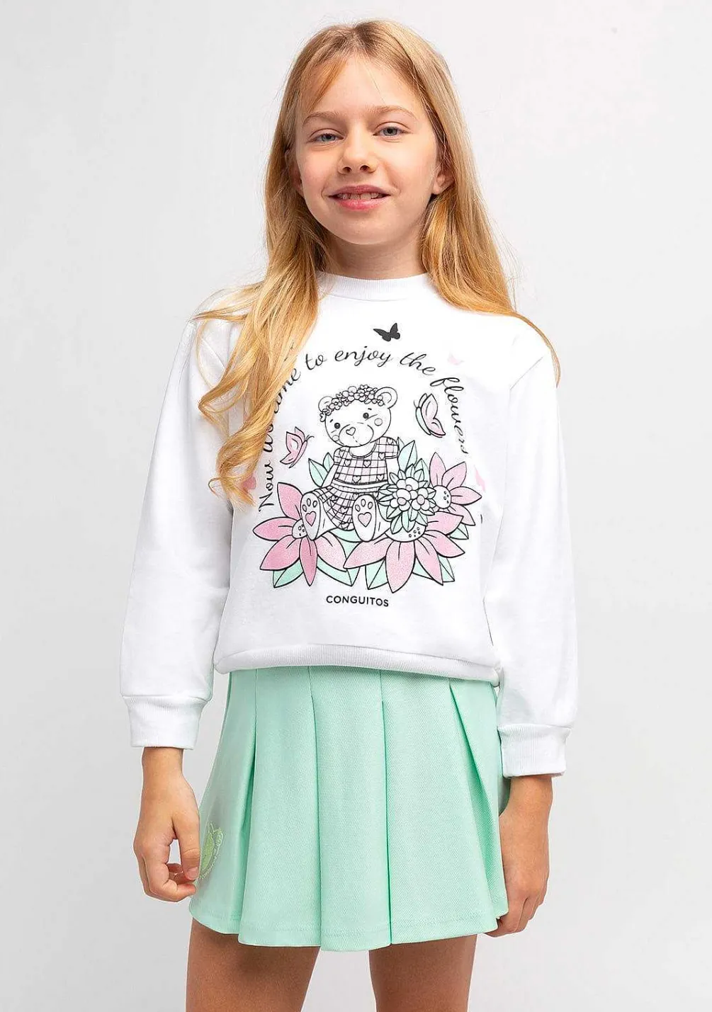 Roupas De Menina-Conguitos Moletom Menina Urso Branco Glitter Flores