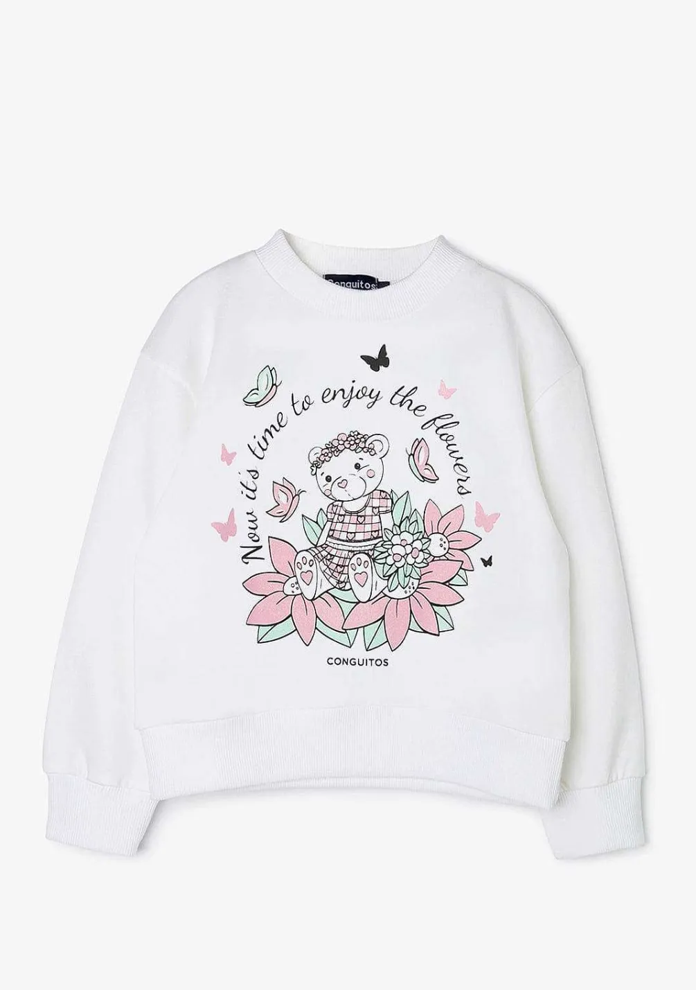 Roupas De Menina-Conguitos Moletom Menina Urso Branco Glitter Flores