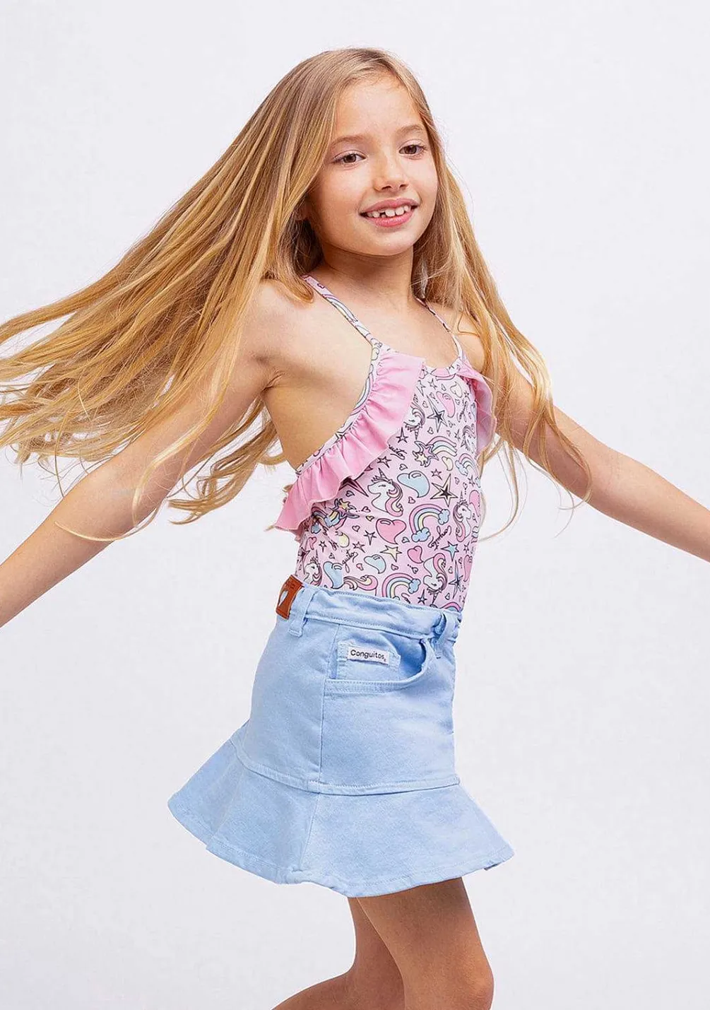 Saias-Conguitos Saia De Menina Azul Claro Com Babados