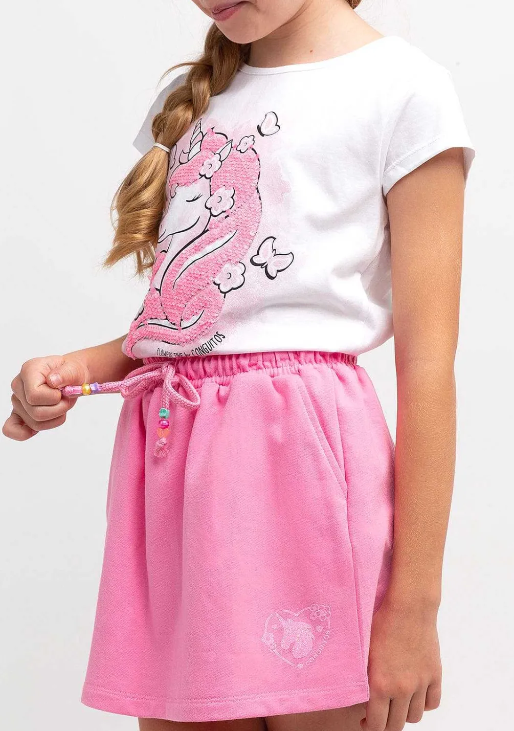 Roupas De Menina-Conguitos Saia Esportiva Lisa De Pelucia Rosa Para Menina