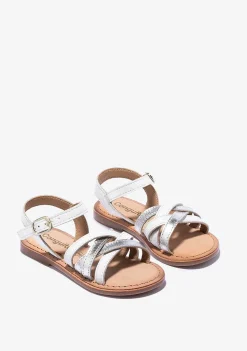 Sandálias-Conguitos Sandálias De Fivela Brancas Prateadas De Menina Napa