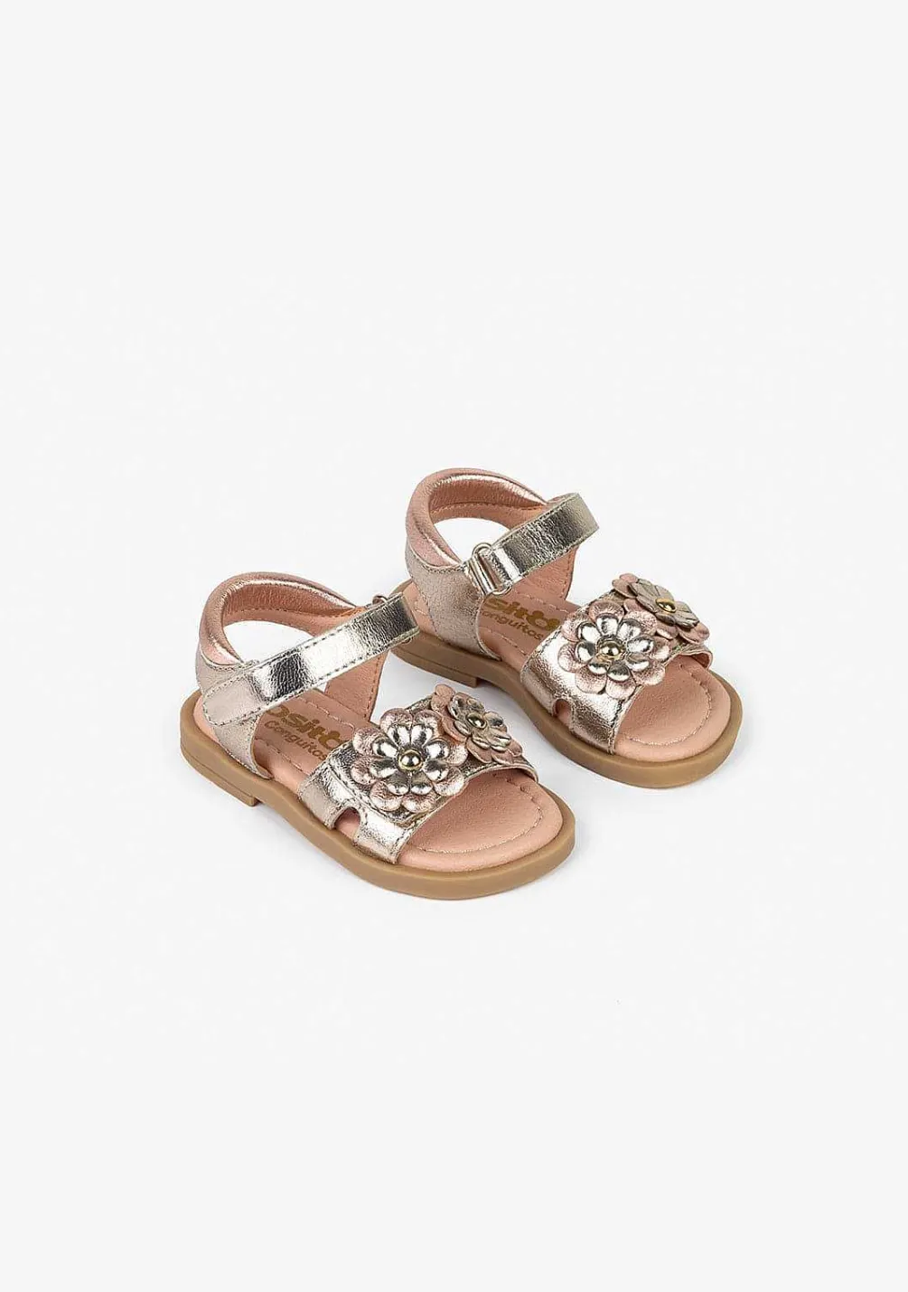 Sapatos De Bebé-Conguitos Sandálias De Pele Metalica Flores Para Bebé