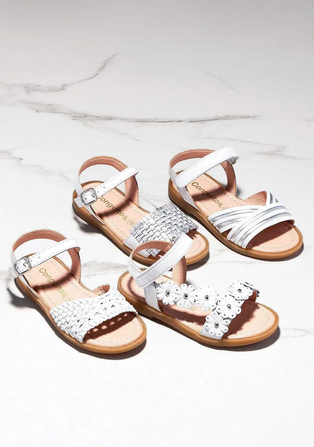 Sandálias-Conguitos Sandálias Femininas De Couro Trancado Branco/Prata