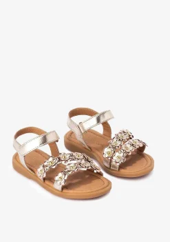 Sapatos De Menina-Conguitos Sandálias Menina Flores Douradas Napa