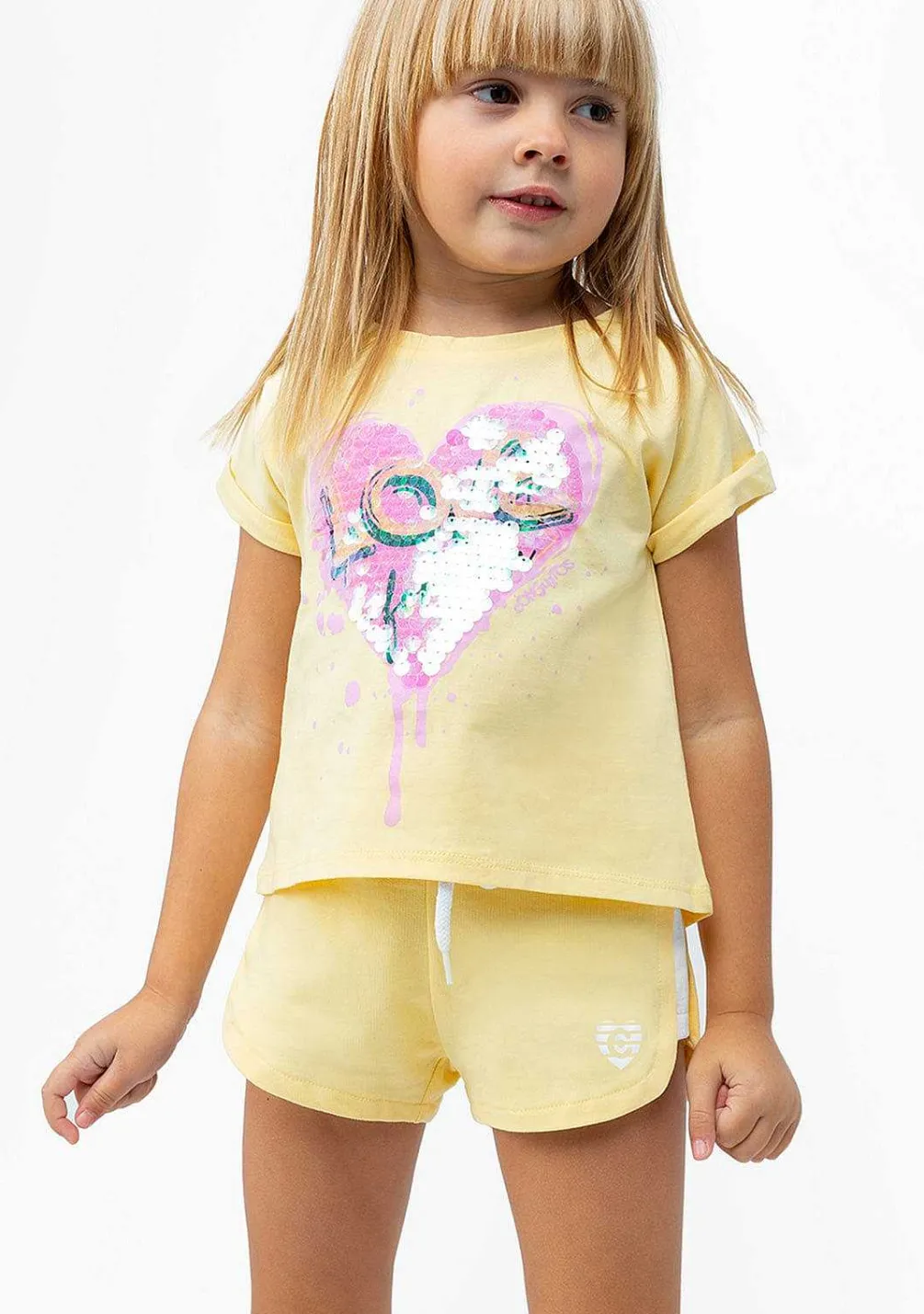 Roupas De Menina-Conguitos Shorts Atleticos Lisos Com Coracao Amarelo Para Menina
