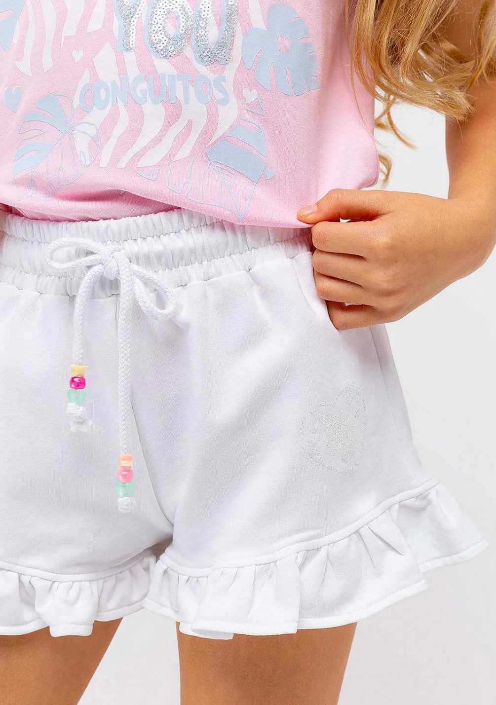 Roupas De Menina-Conguitos Shorts De Corrida De Pelucia Unicornio Branco Para Menina