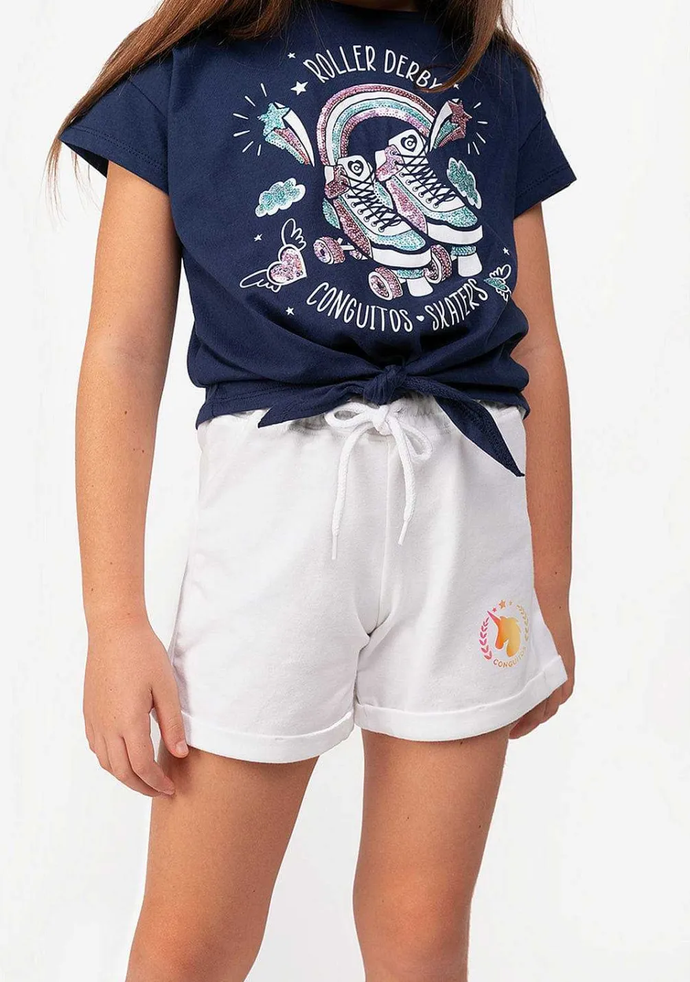 Roupas De Menina-Conguitos Shorts De Corrida Simples De Pelucia Unicornio Branco Feminino