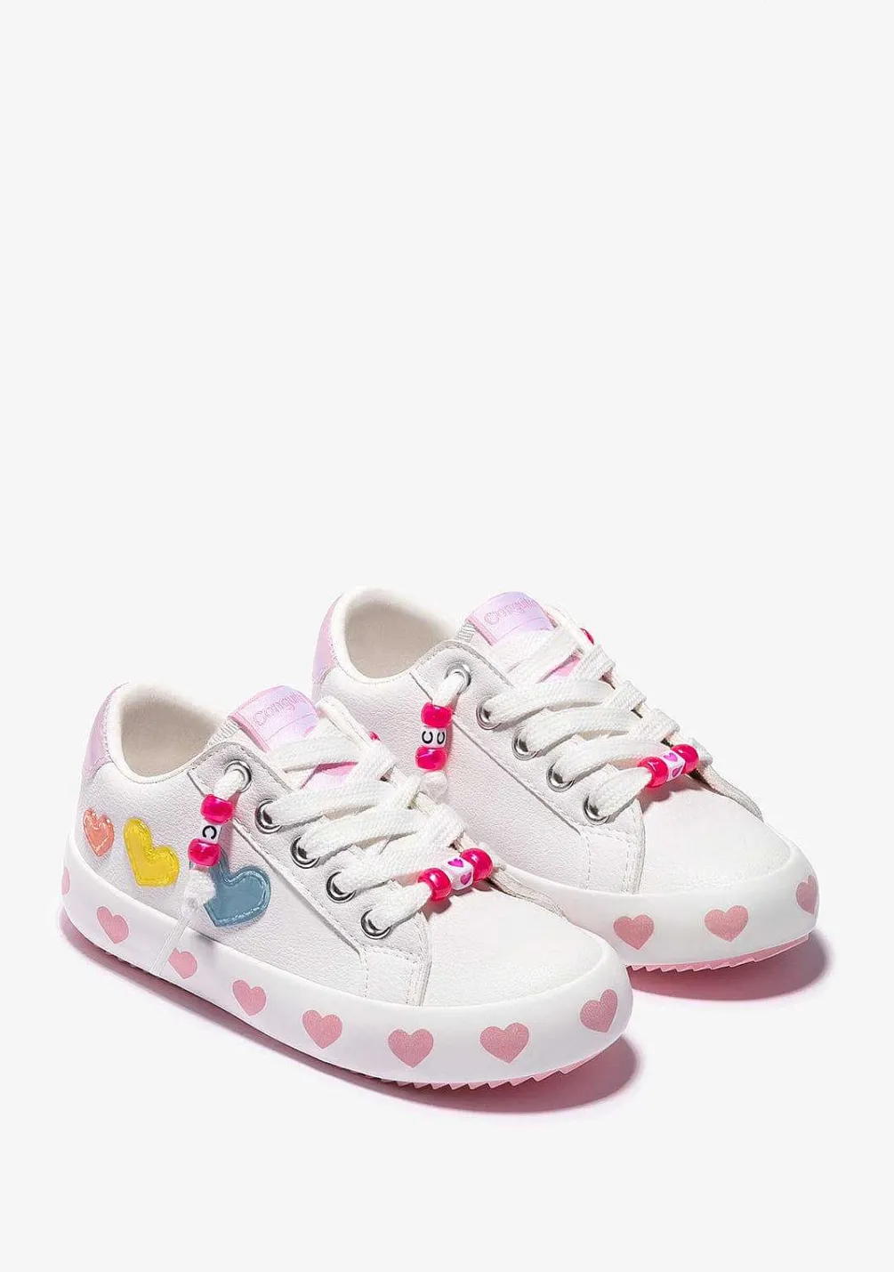 Sapatos De Menina-Conguitos Tênis Com Cordoes De Coracoes Brancos