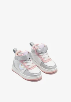 Tênis Com Luzes-Conguitos Tênis De Cano Alto Prata Com Luzes Coracao Para Bebé