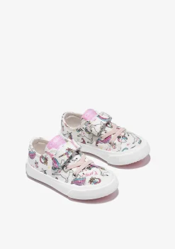 Sapatos De Menina-Conguitos Tênis De Tira Adesiva De Unicornio De Lona Branca