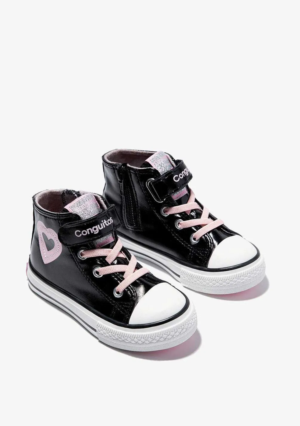Tênis Casuais-Conguitos Tênis Feminino Cano Alto De Couro Envernizado Preto Com Coracao
